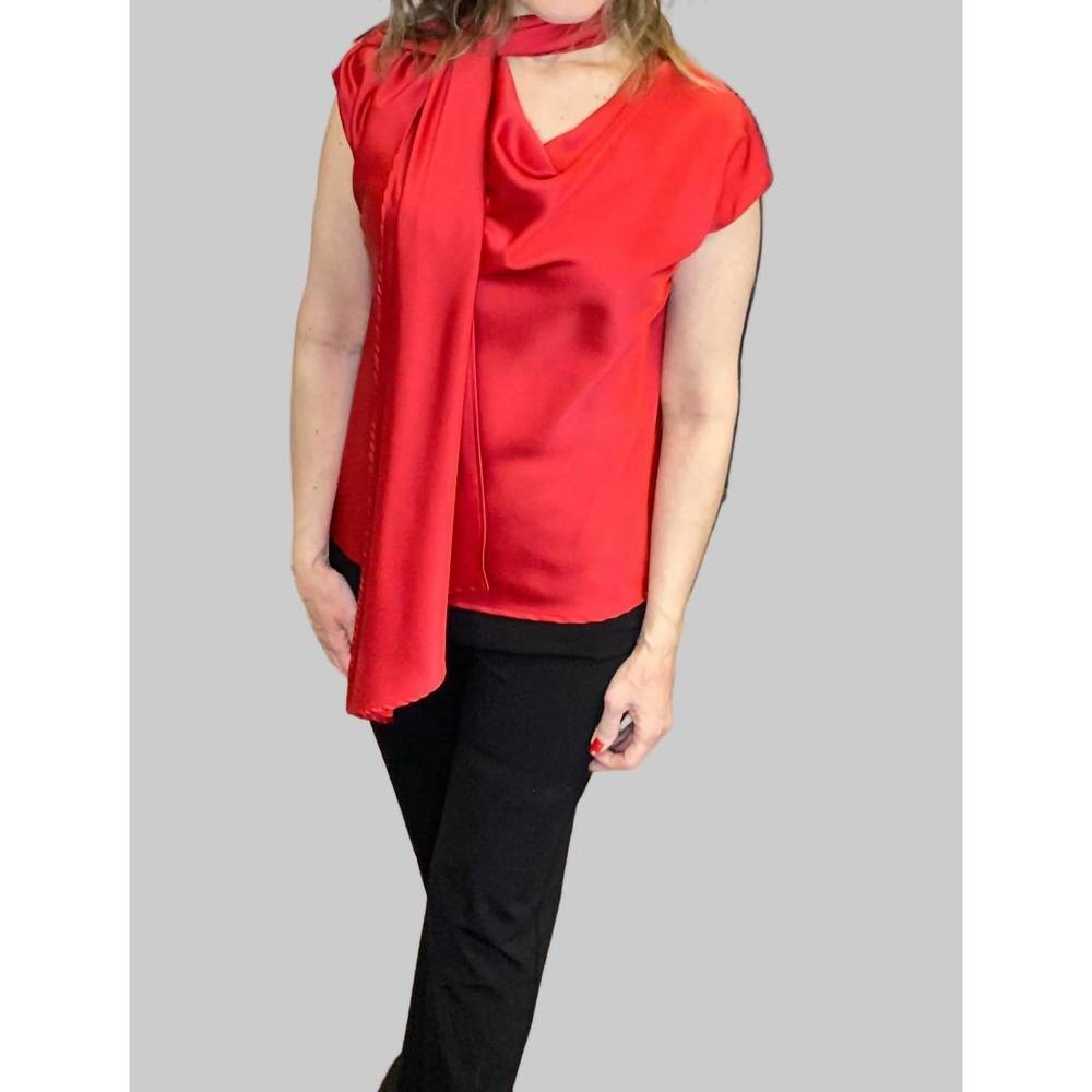 NEW RENEEC. satin cowl neck top with scarf in red